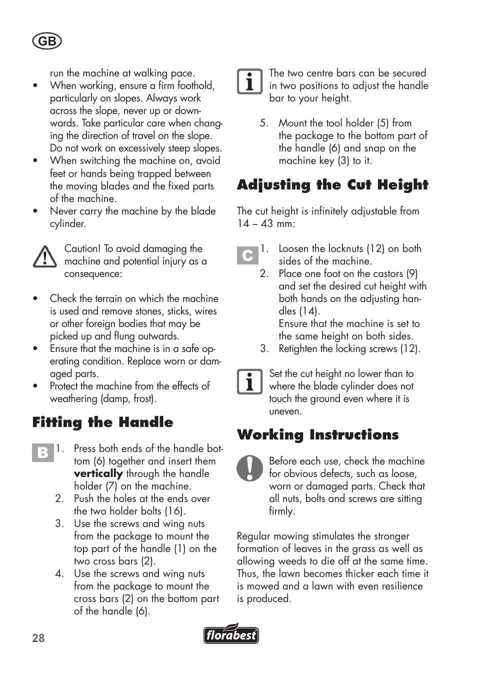 Fitting the handle, Adjusting the cut height, Working instructions | Florabest FHM 38 A1 User Manual | Page 28 / 34