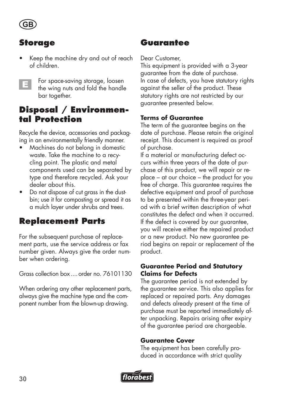 Storage, Disposal / environmen- tal protection, Replacement parts | Guarantee | Florabest FHM 38 A1 User Manual | Page 30 / 34