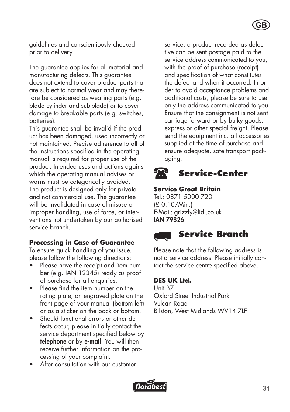 Service-center, Service branch | Florabest FHM 38 A1 User Manual | Page 31 / 34