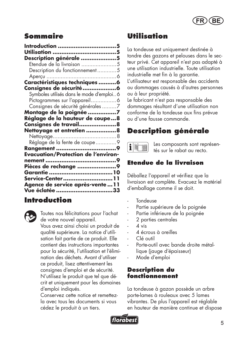 Utilisation, Description générale, Sommaire | Introduction, Fr be | Florabest FHM 38 A1 User Manual | Page 5 / 34