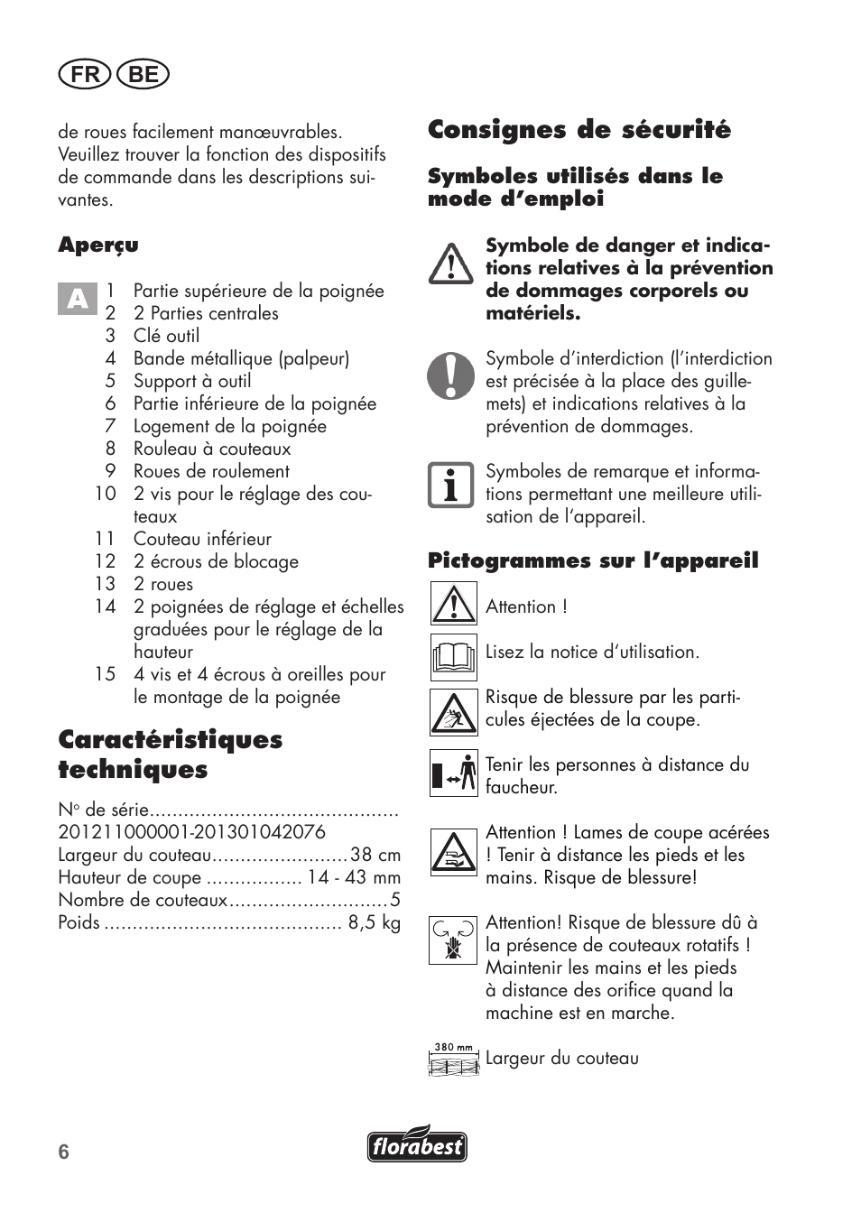 Caractéristiques techniques, Consignes de sécurité, Fr be | Florabest FHM 38 A1 User Manual | Page 6 / 34