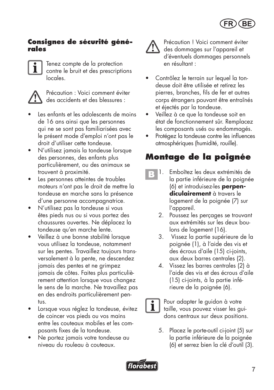 Montage de la poignée, Fr be | Florabest FHM 38 A1 User Manual | Page 7 / 34
