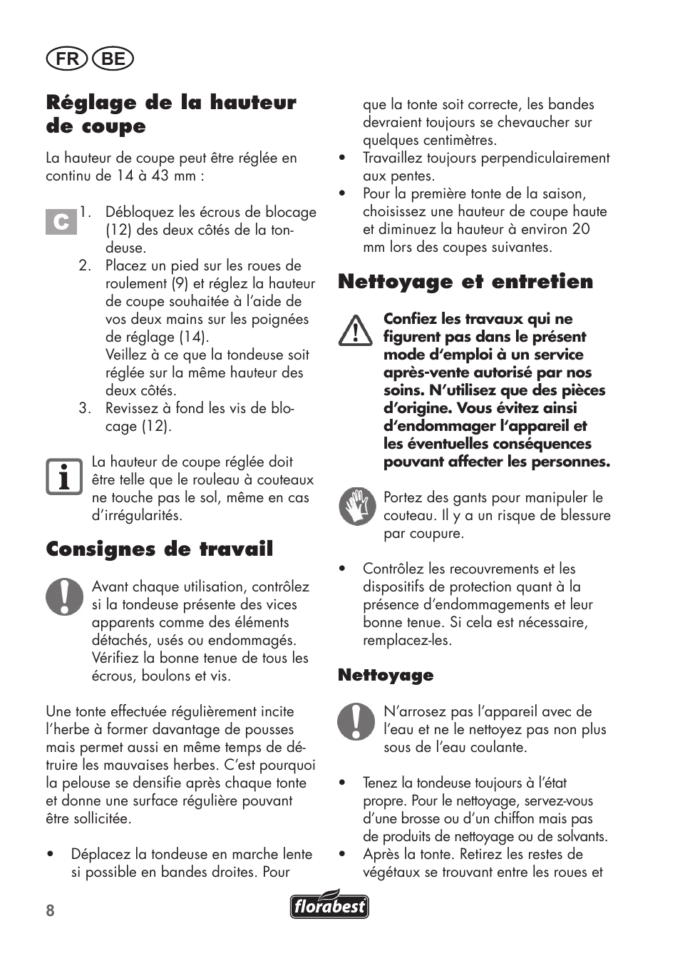 Réglage de la hauteur de coupe, Consignes de travail, Nettoyage et entretien | Fr be | Florabest FHM 38 A1 User Manual | Page 8 / 34