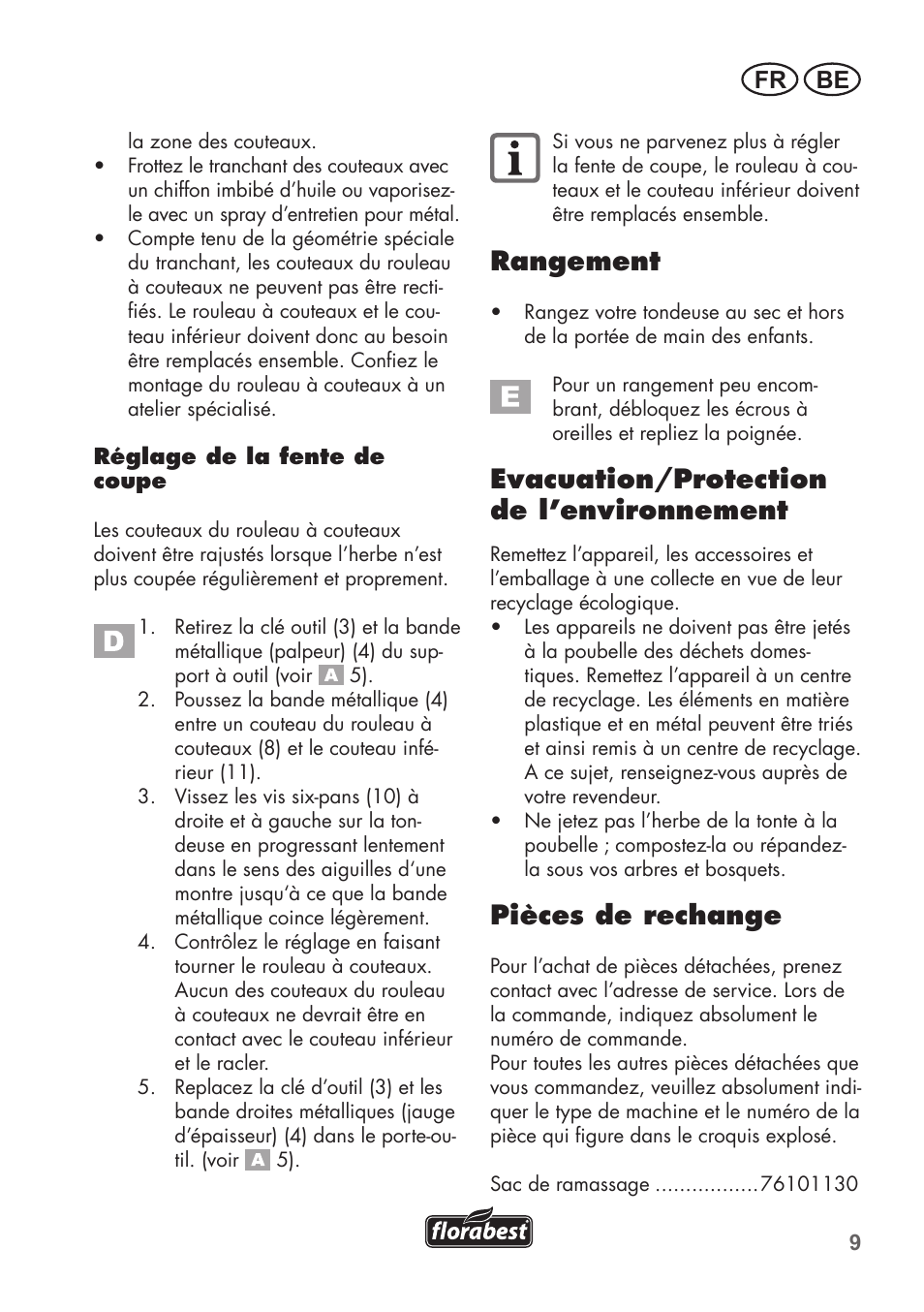 Rangement, Evacuation/protection de l’environnement, Pièces de rechange | Fr be | Florabest FHM 38 A1 User Manual | Page 9 / 34