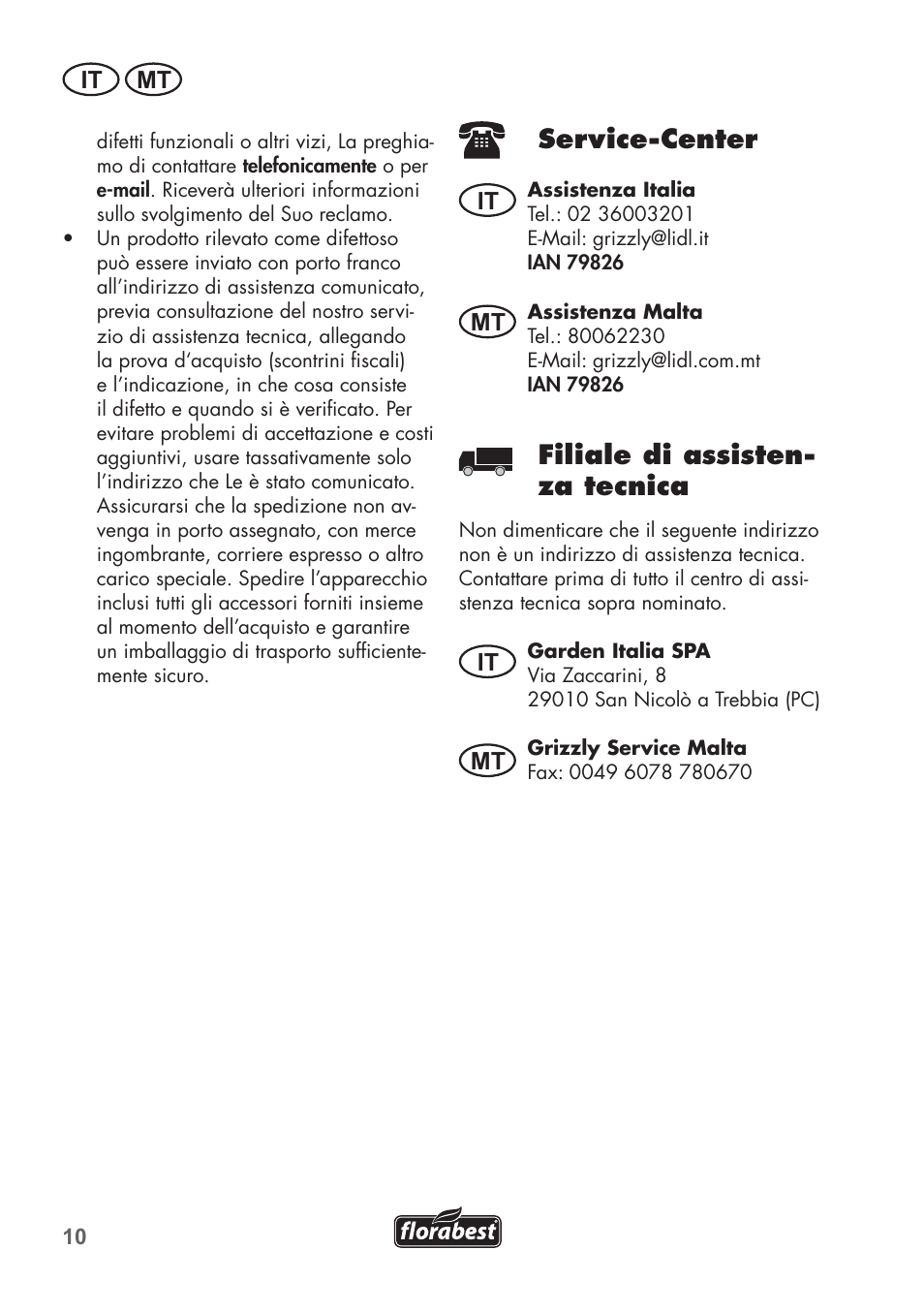 Service-center, Filiale di assisten- za tecnica, It mt | It mt it mt | Florabest FHM 38 A1 User Manual | Page 10 / 26