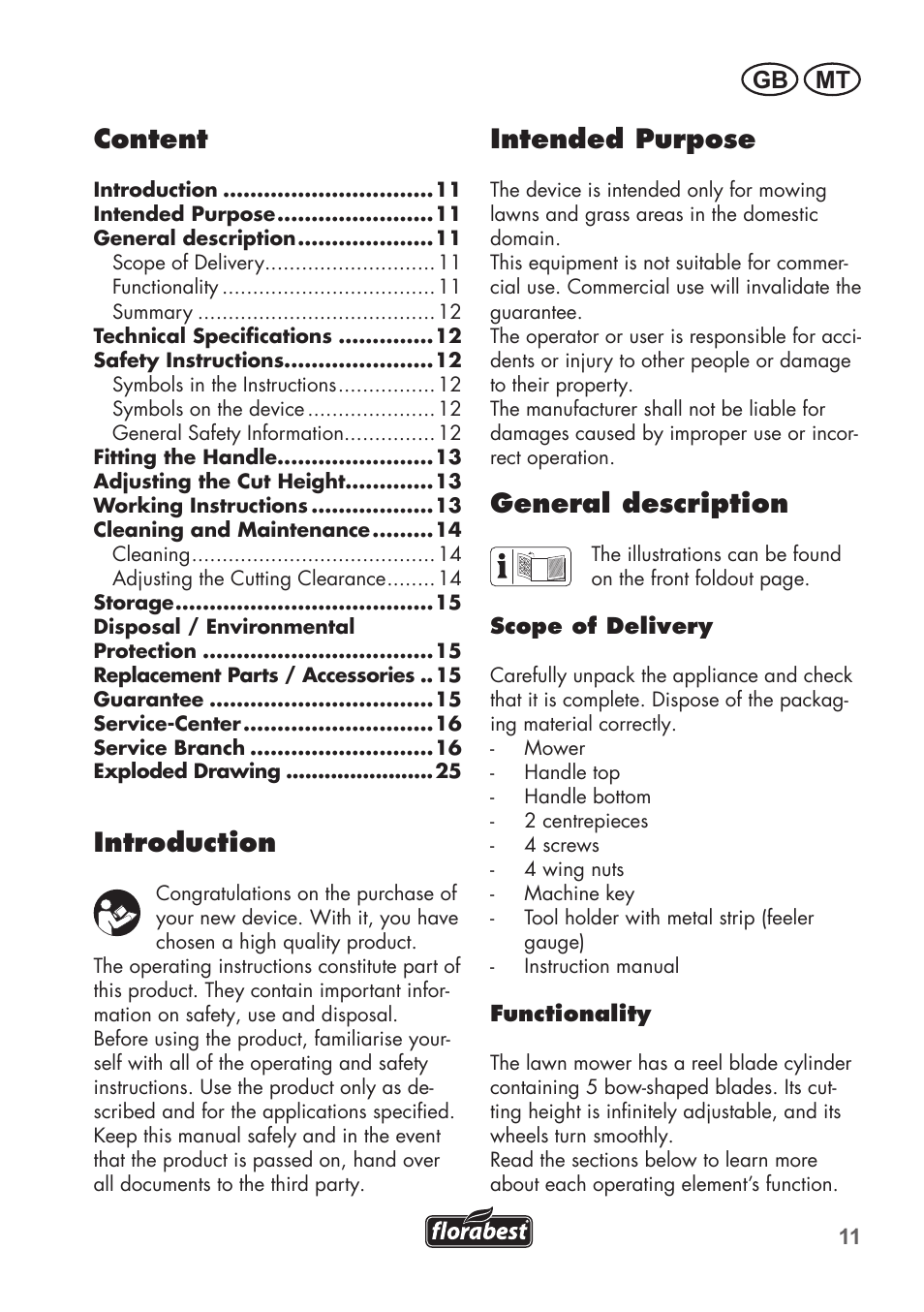 Intended purpose, General description, Content | Introduction, Mt gb | Florabest FHM 38 A1 User Manual | Page 11 / 26