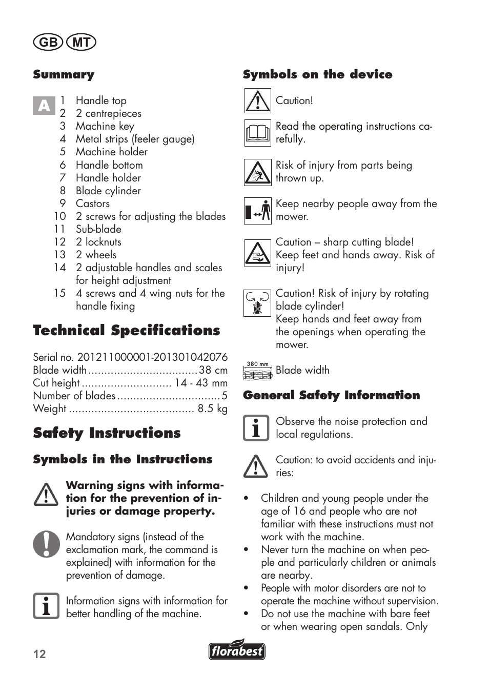 Technical specifications, Safety instructions, Gb mt | Florabest FHM 38 A1 User Manual | Page 12 / 26