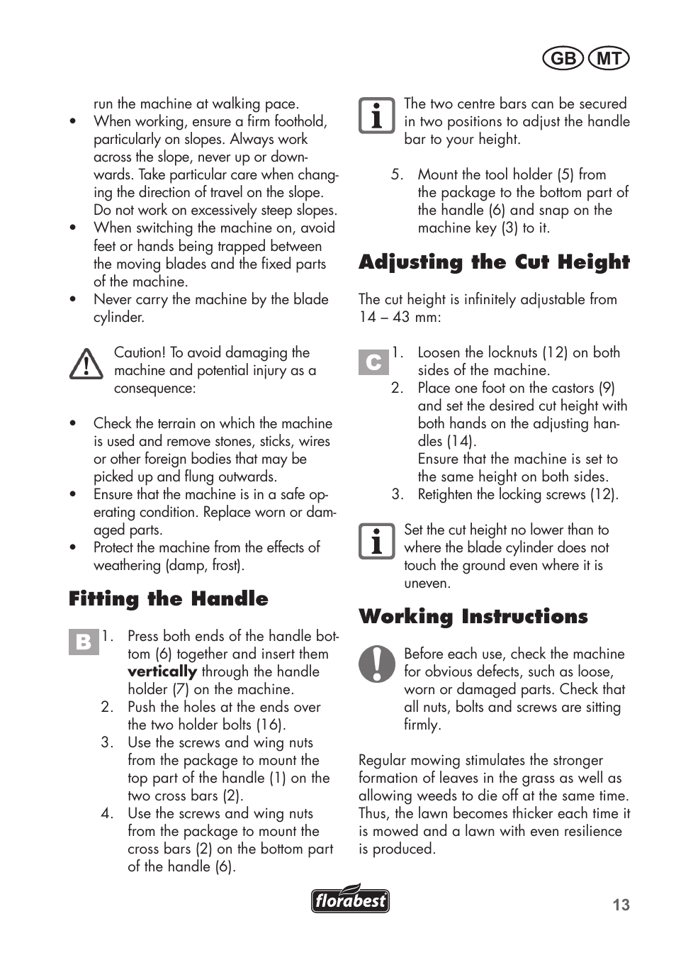 Fitting the handle, Adjusting the cut height, Working instructions | Mt gb | Florabest FHM 38 A1 User Manual | Page 13 / 26
