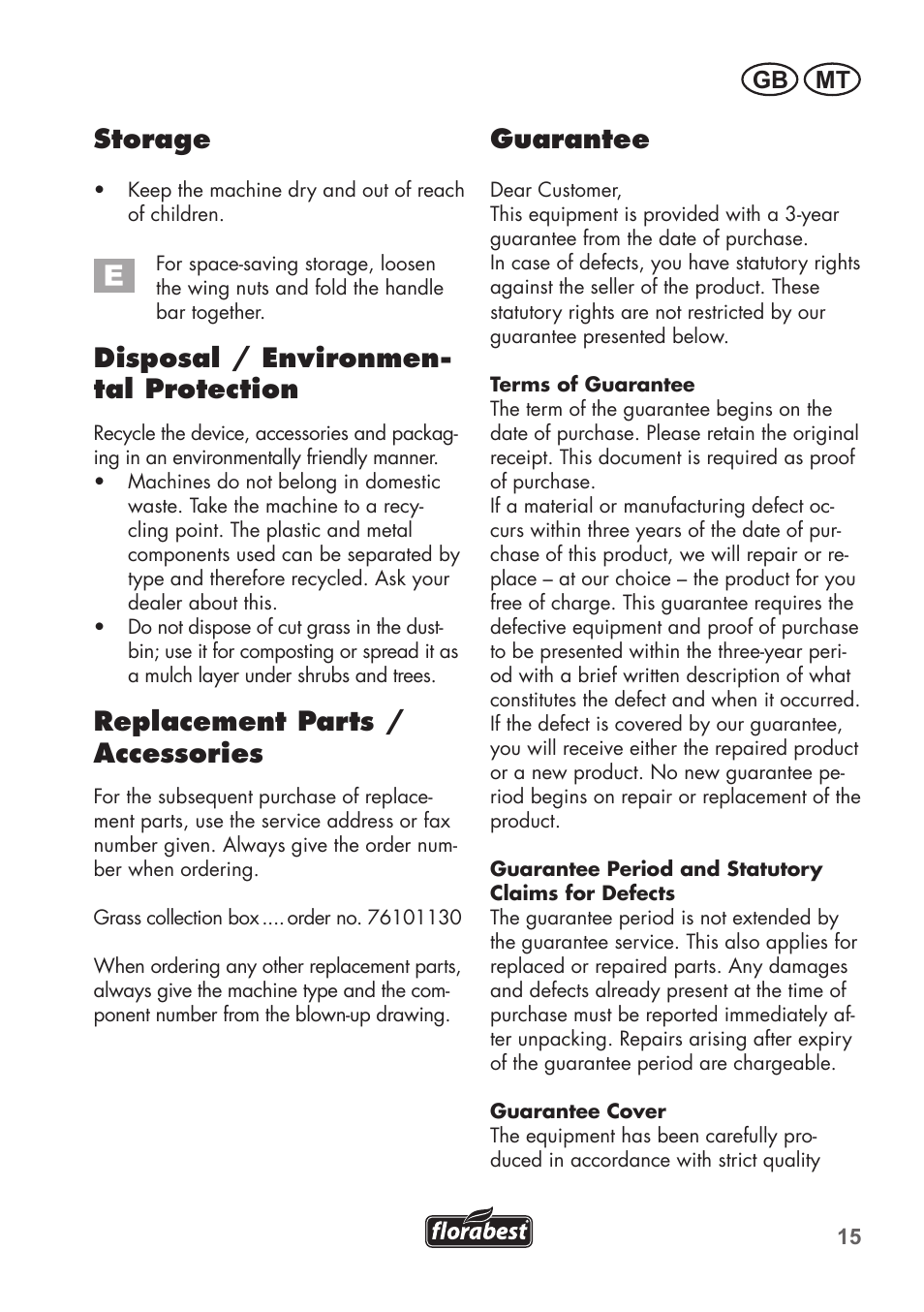 Storage, Disposal / environmen- tal protection, Replacement parts / accessories | Guarantee, Mt gb | Florabest FHM 38 A1 User Manual | Page 15 / 26