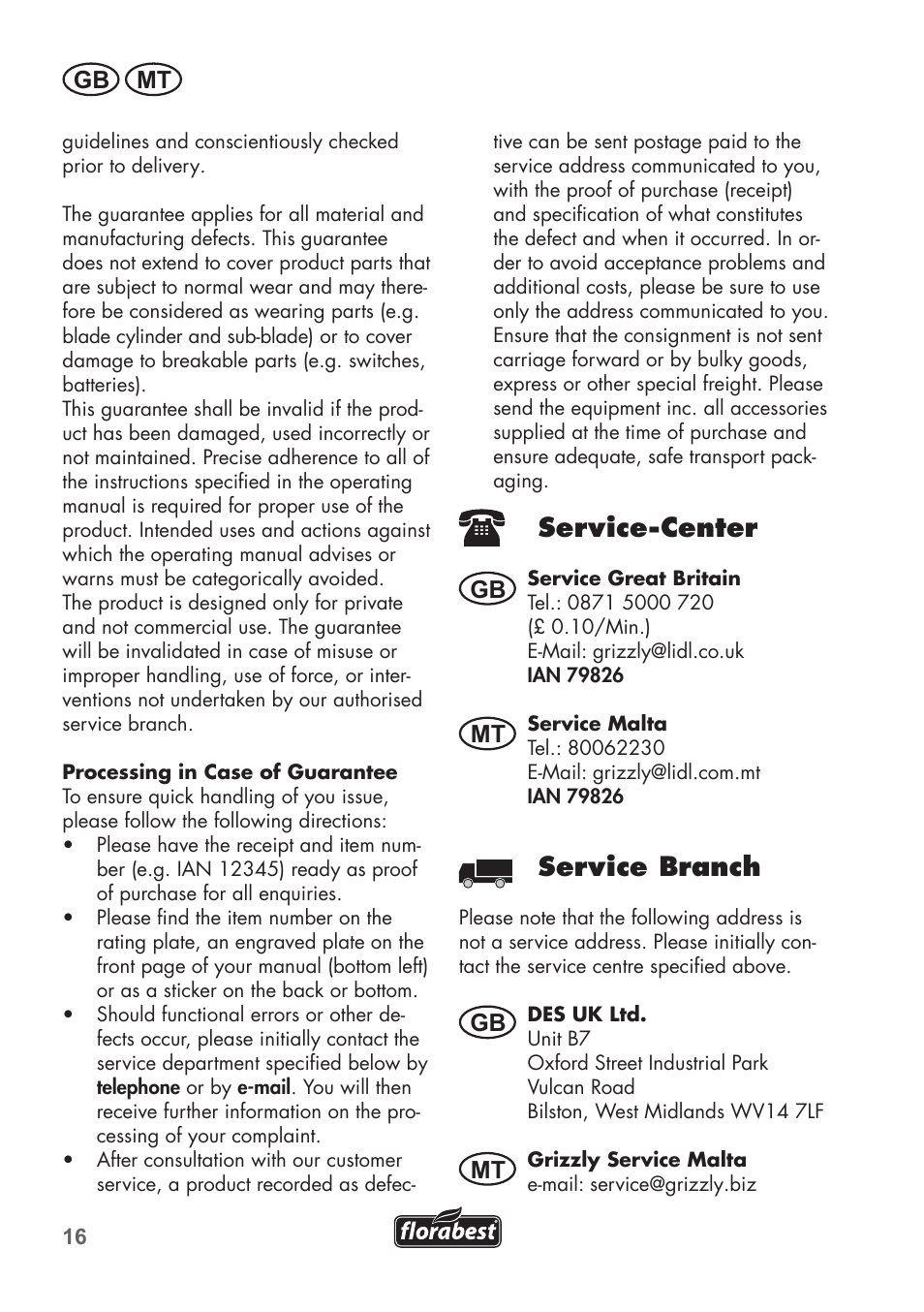 Service-center, Service branch, Gb mt | Gb mt mt | Florabest FHM 38 A1 User Manual | Page 16 / 26