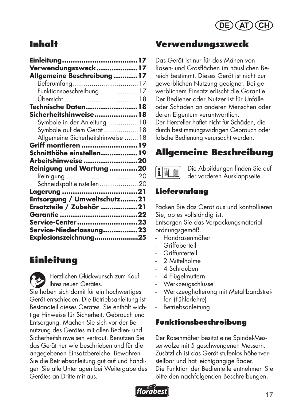Inhalt, Einleitung, Verwendungszweck | Allgemeine beschreibung, De at ch | Florabest FHM 38 A1 User Manual | Page 17 / 26
