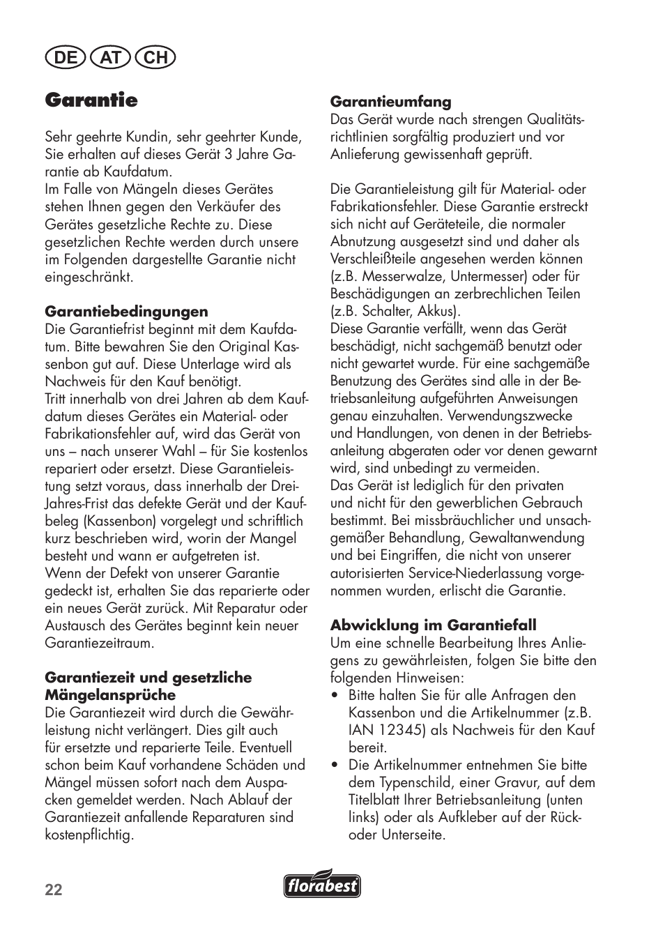 Garantie, De at ch | Florabest FHM 38 A1 User Manual | Page 22 / 26
