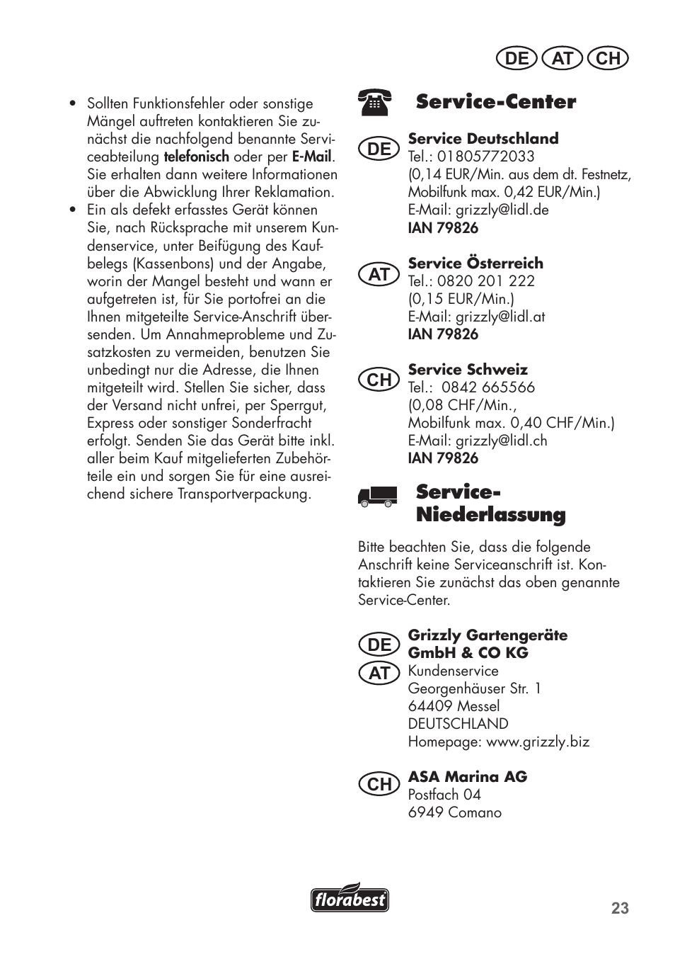 Service-center, Service- niederlassung, De at ch de de at at ch ch | Florabest FHM 38 A1 User Manual | Page 23 / 26