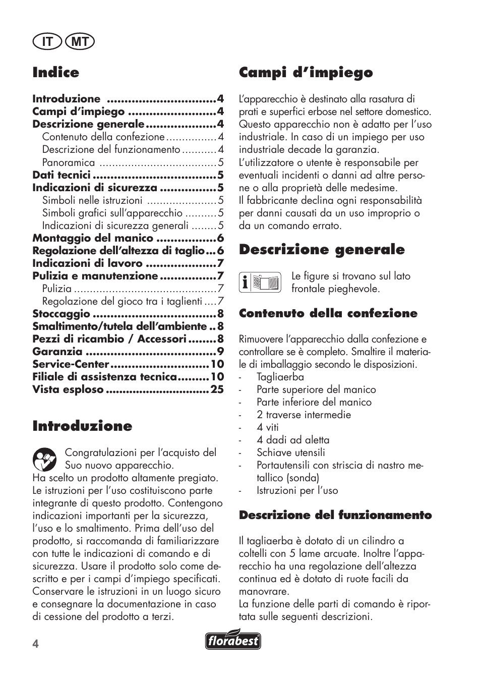 Campi d’impiego, Descrizione generale, Indice | Introduzione, It mt | Florabest FHM 38 A1 User Manual | Page 4 / 26