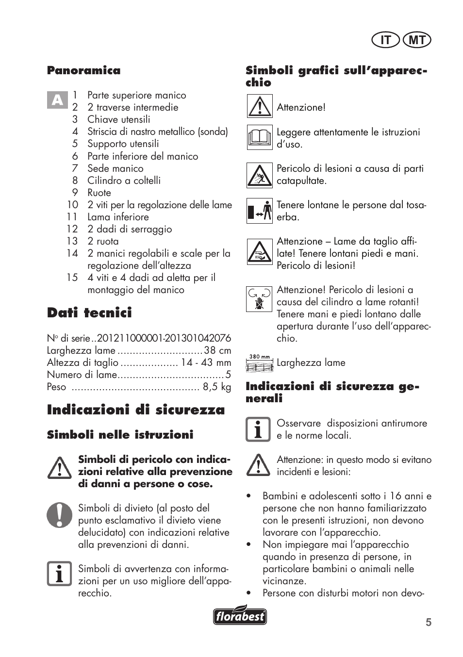 Dati tecnici, Indicazioni di sicurezza, It mt | Florabest FHM 38 A1 User Manual | Page 5 / 26