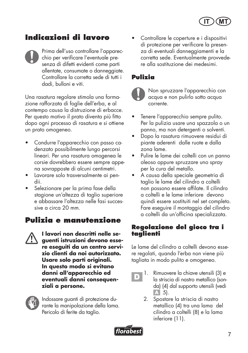 Indicazioni di lavoro, Pulizia e manutenzione, It mt | Florabest FHM 38 A1 User Manual | Page 7 / 26