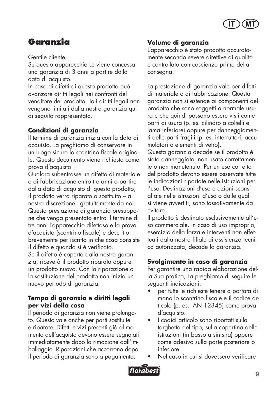 Garanzia, It mt | Florabest FHM 38 A1 User Manual | Page 9 / 26
