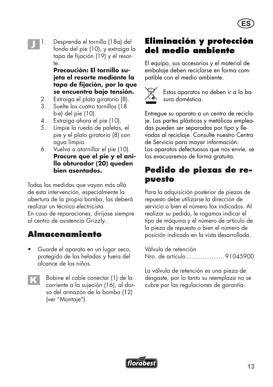 Almacenamiento, Eliminación y protección del medio ambiente, Pedido de piezas de re- puesto | Florabest FTP 400 A1 User Manual | Page 13 / 76