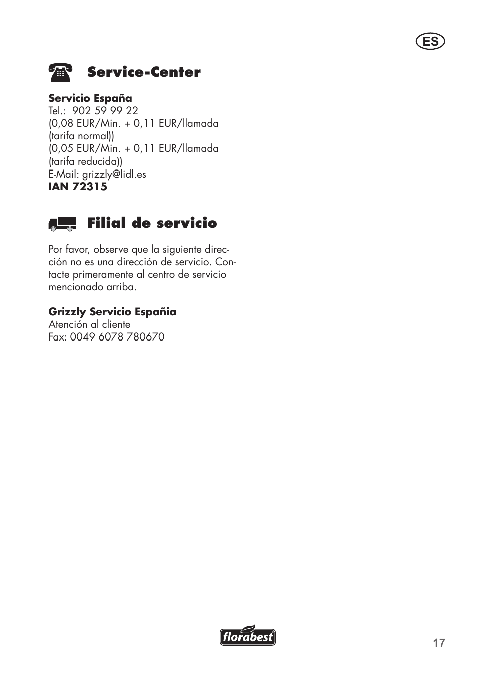 Service-center, Filial de servicio | Florabest FTP 400 A1 User Manual | Page 17 / 76