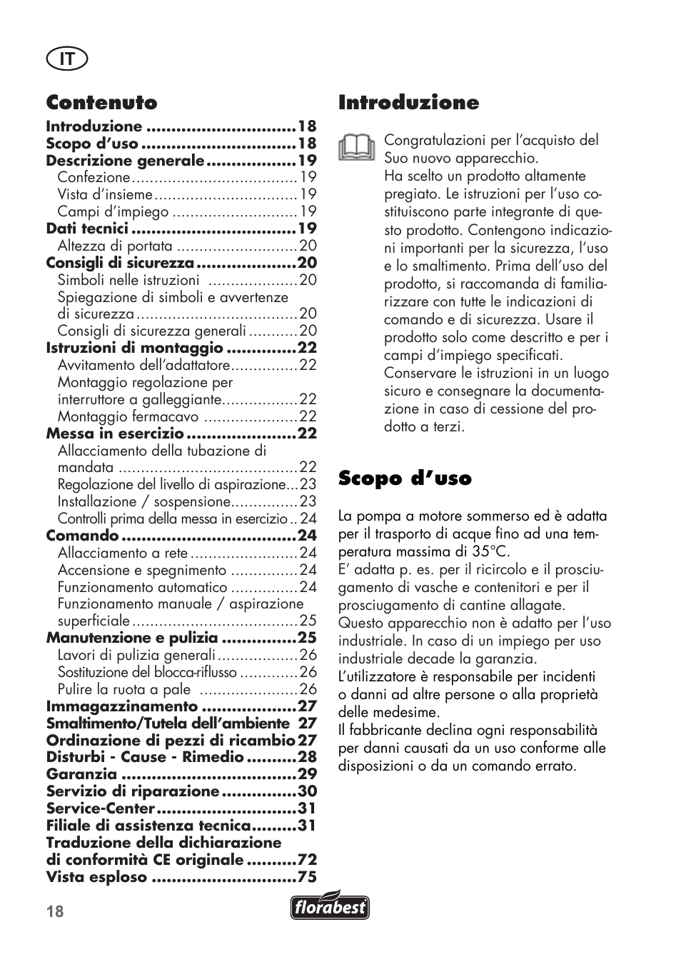 Introduzione, Scopo d’uso, Contenuto | Florabest FTP 400 A1 User Manual | Page 18 / 76
