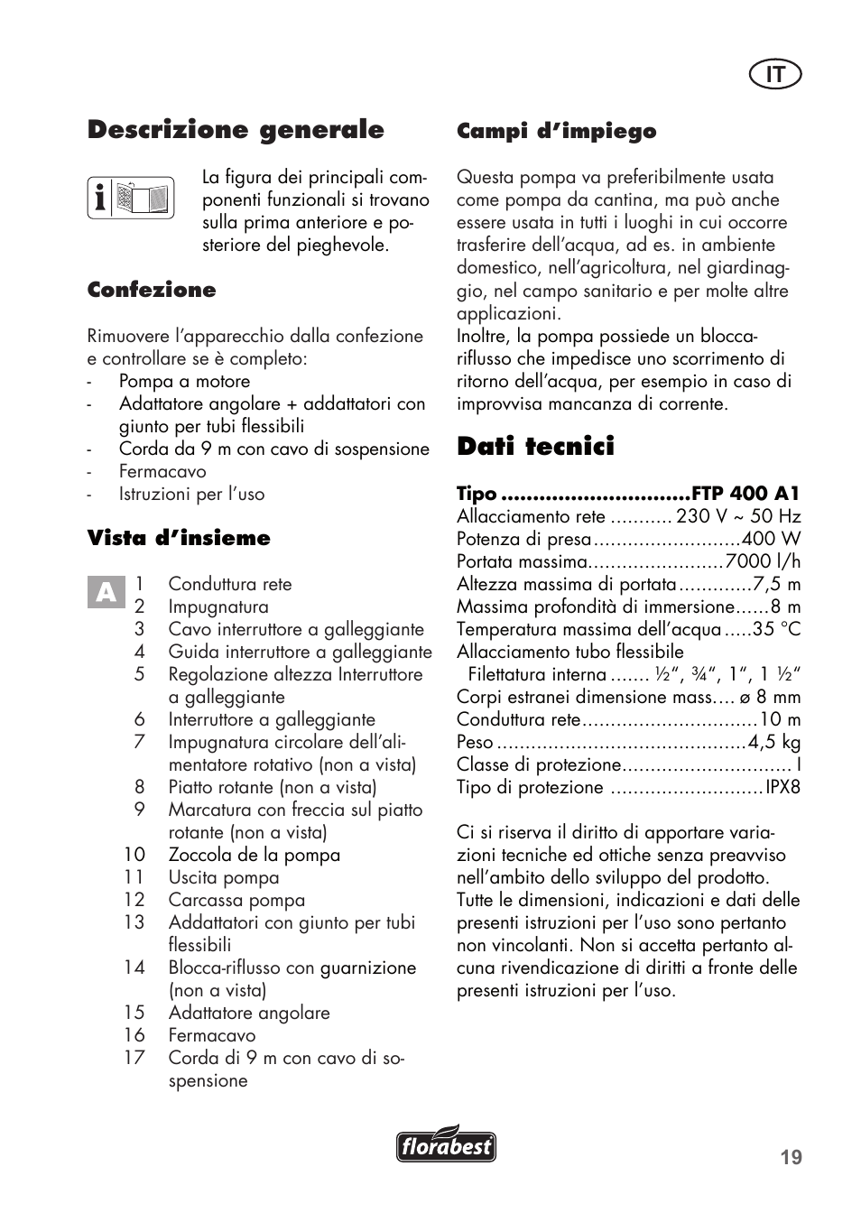 Dati tecnici, Descrizione generale | Florabest FTP 400 A1 User Manual | Page 19 / 76