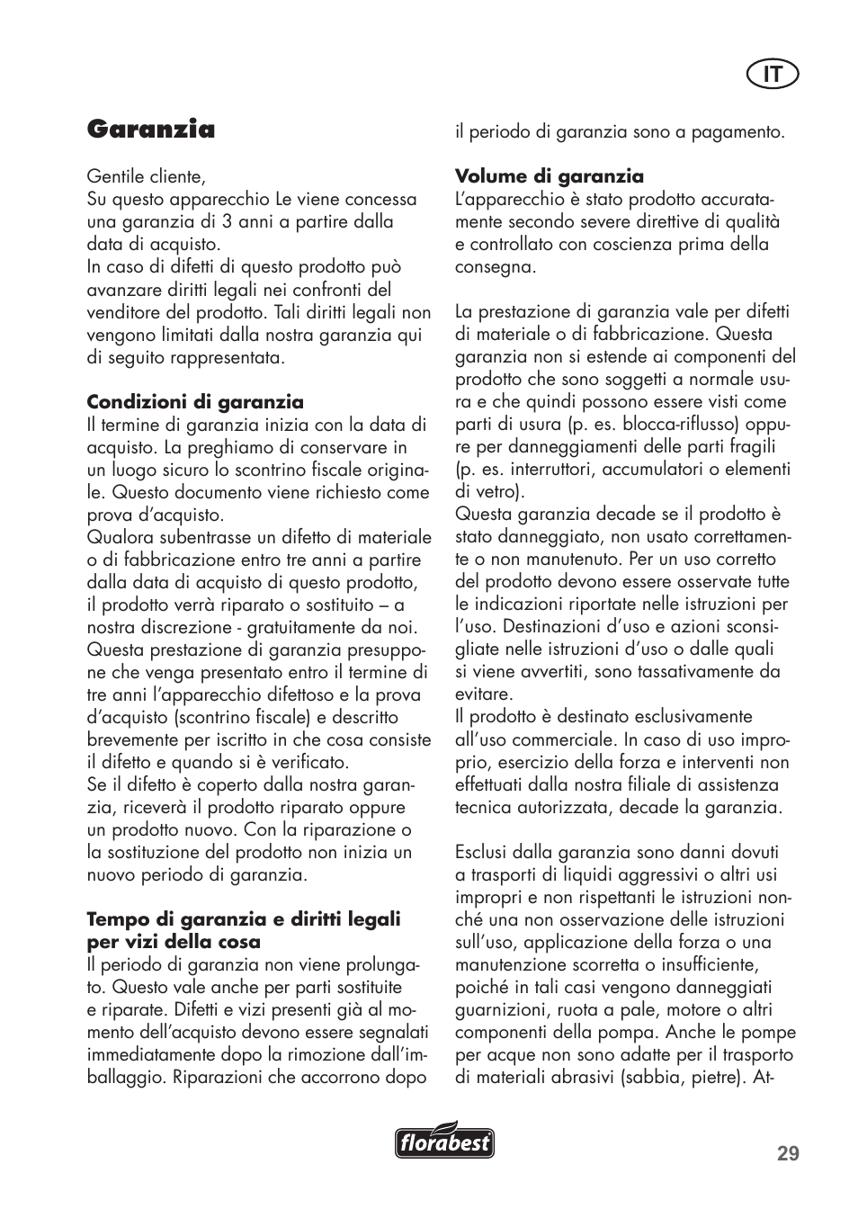 Garanzia | Florabest FTP 400 A1 User Manual | Page 29 / 76