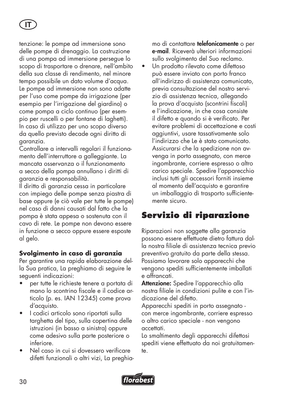 Servizio di riparazione | Florabest FTP 400 A1 User Manual | Page 30 / 76
