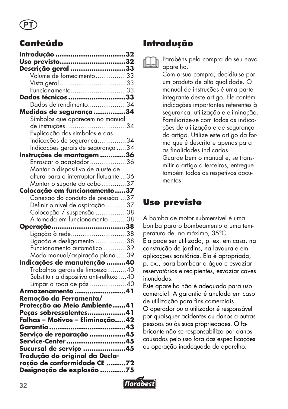 Introdução, Uso previsto, Conteúdo | Florabest FTP 400 A1 User Manual | Page 32 / 76