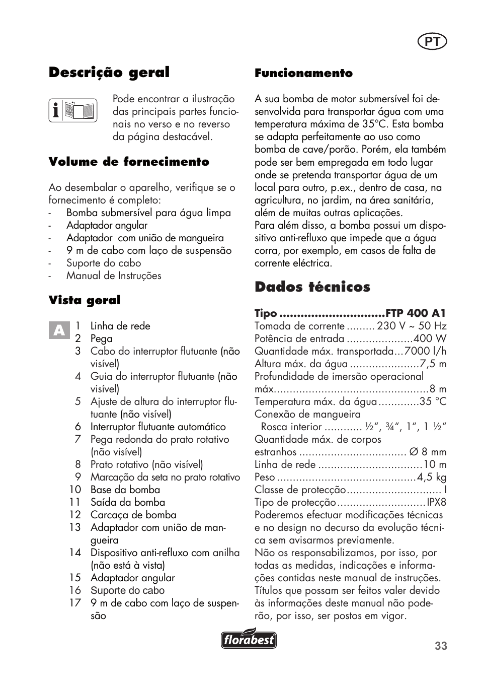 Dados técnicos, Descrição geral | Florabest FTP 400 A1 User Manual | Page 33 / 76