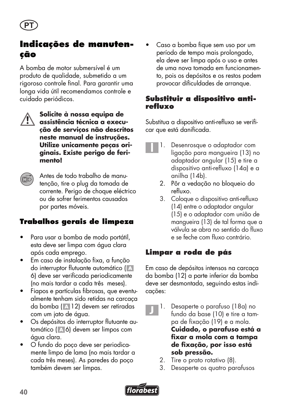 Indicações de manuten- ção | Florabest FTP 400 A1 User Manual | Page 40 / 76