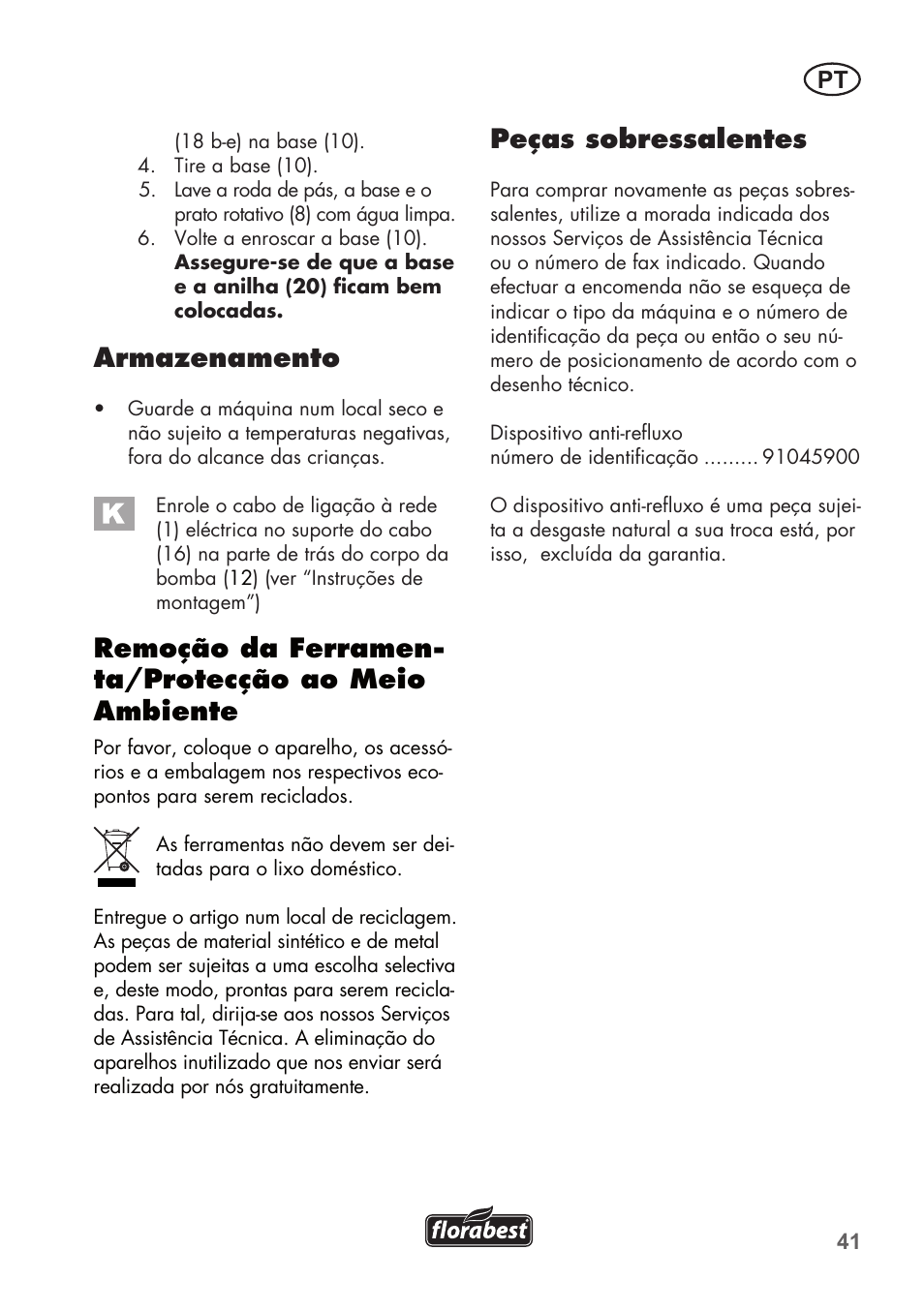 Armazenamento, Remoção da ferramen- ta/protecção ao meio ambiente, Peças sobressalentes | Florabest FTP 400 A1 User Manual | Page 41 / 76