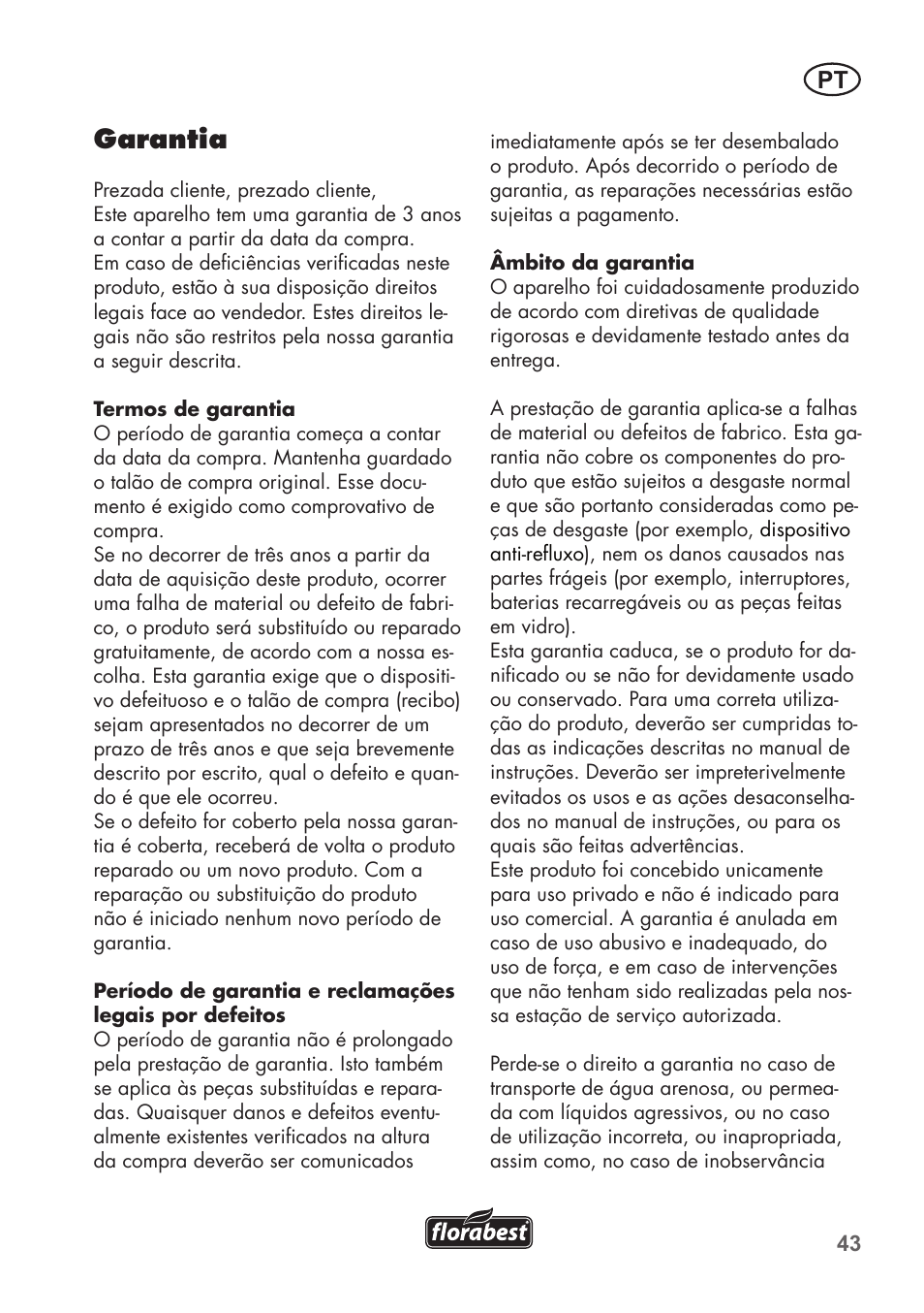 Garantia | Florabest FTP 400 A1 User Manual | Page 43 / 76