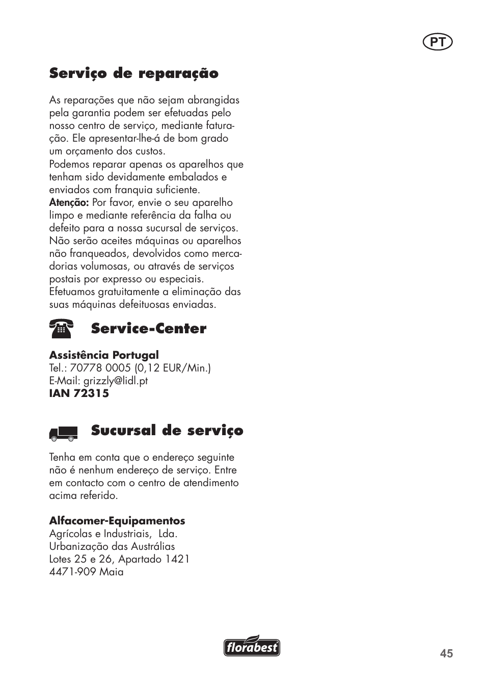 Serviço de reparação, Service-center, Sucursal de serviço | Florabest FTP 400 A1 User Manual | Page 45 / 76