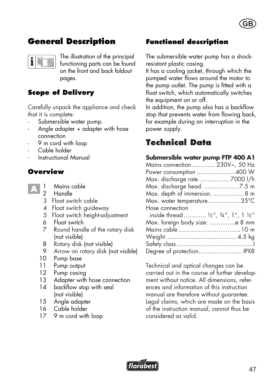 Technical data, General description | Florabest FTP 400 A1 User Manual | Page 47 / 76