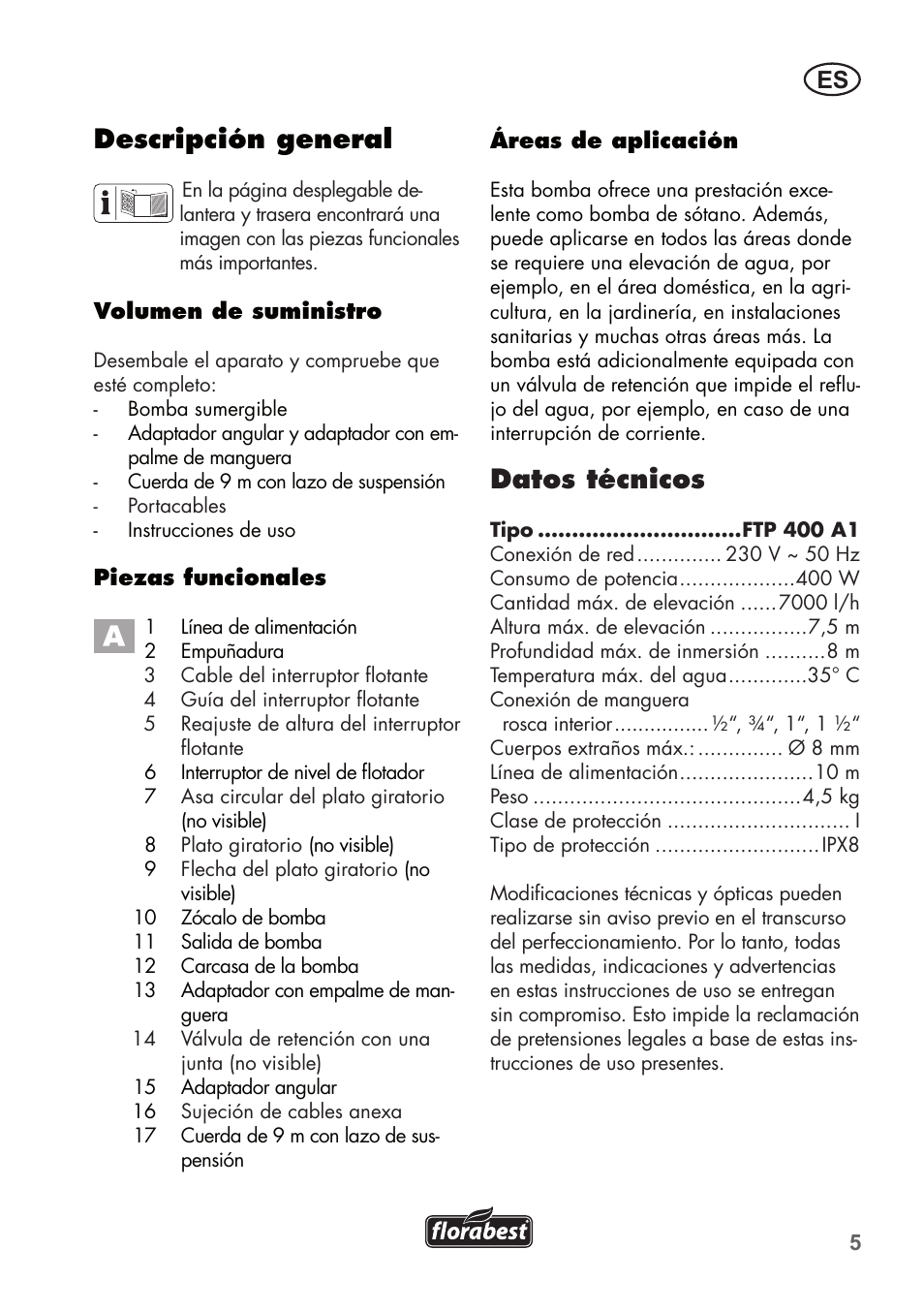 Datos técnicos, Descripción general | Florabest FTP 400 A1 User Manual | Page 5 / 76