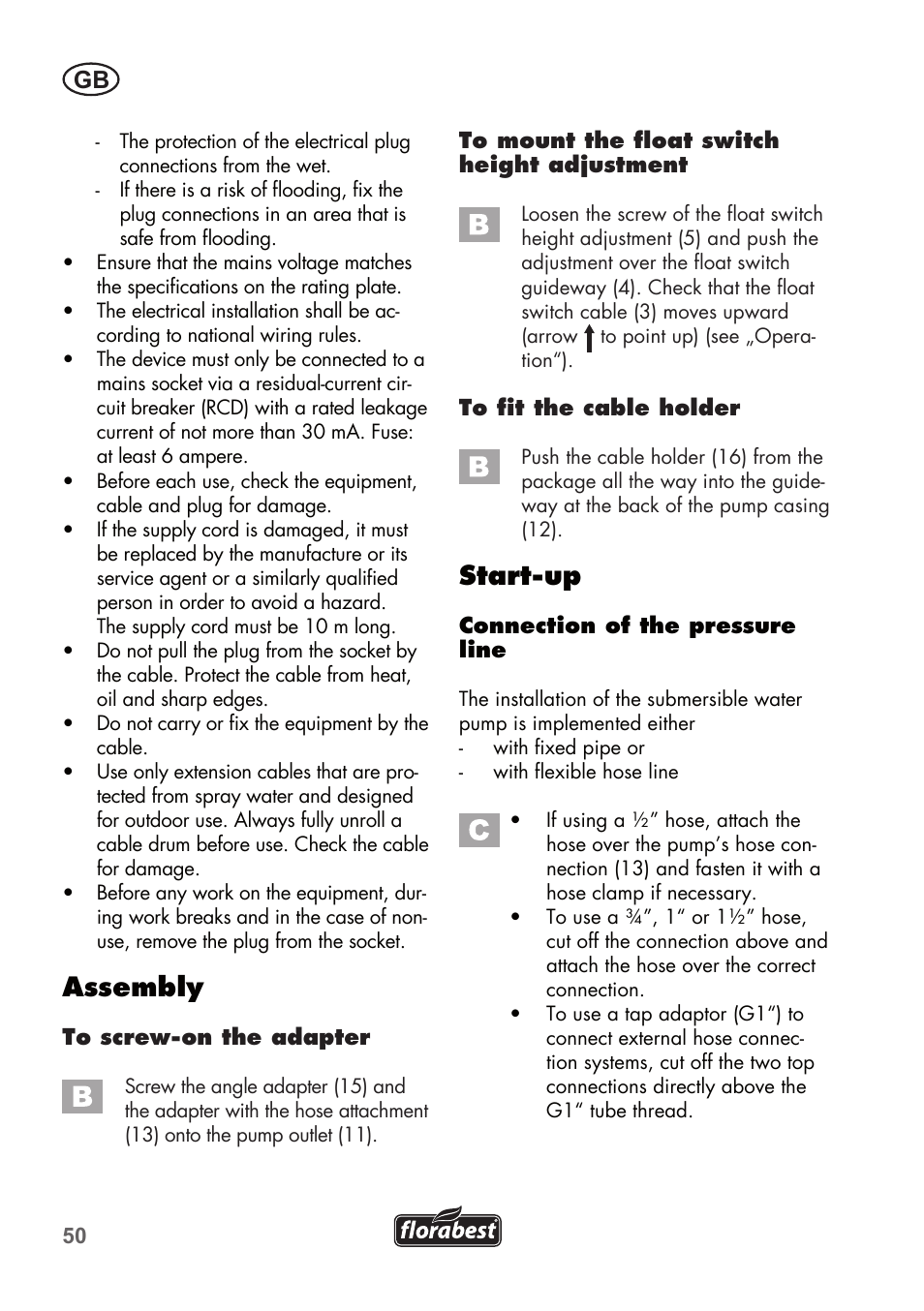 Start-up, Assembly | Florabest FTP 400 A1 User Manual | Page 50 / 76