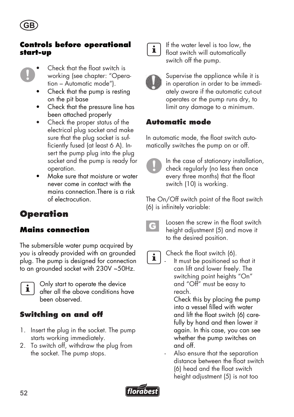 Operation | Florabest FTP 400 A1 User Manual | Page 52 / 76