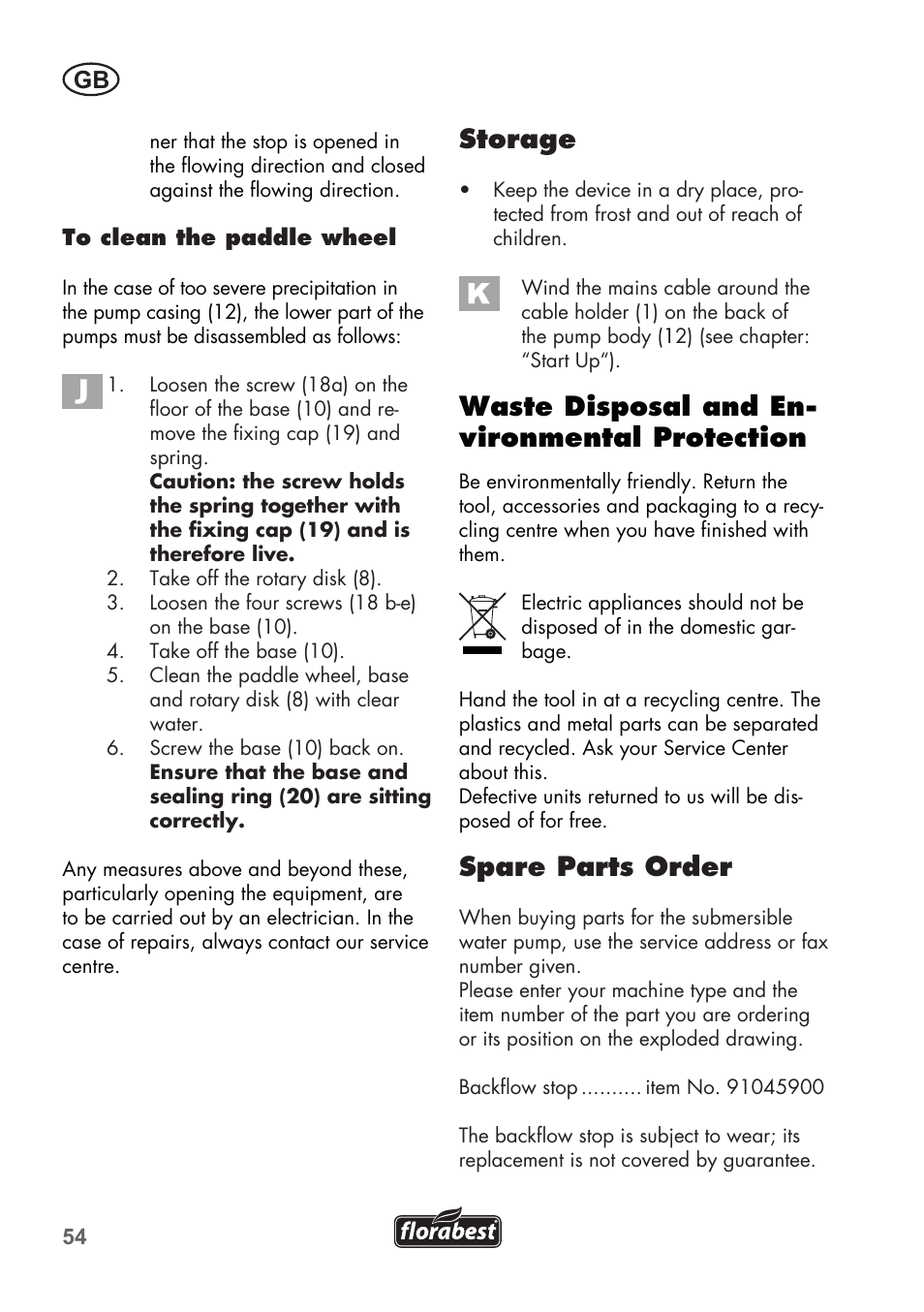 Storage, Waste disposal and en- vironmental protection, Spare parts order | Florabest FTP 400 A1 User Manual | Page 54 / 76
