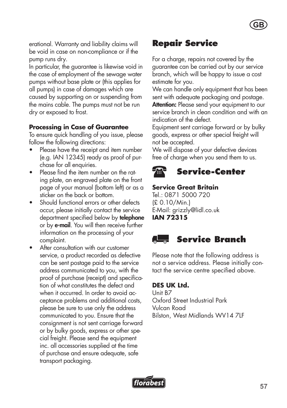 Repair service, Service-center, Service branch | Florabest FTP 400 A1 User Manual | Page 57 / 76