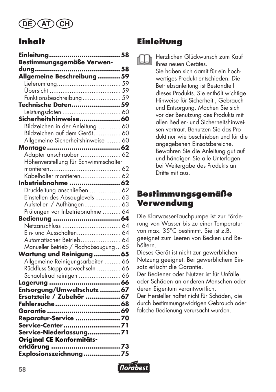 Einleitung, Bestimmungsgemäße verwendung, Inhalt | De at ch | Florabest FTP 400 A1 User Manual | Page 58 / 76