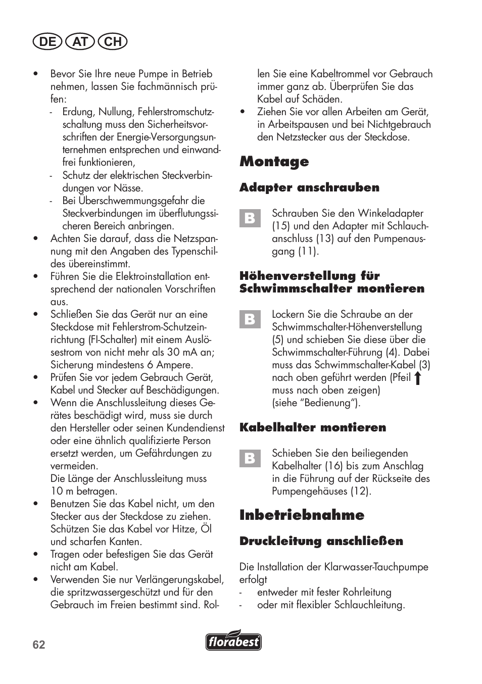 Montage, Inbetriebnahme, De at ch | Florabest FTP 400 A1 User Manual | Page 62 / 76
