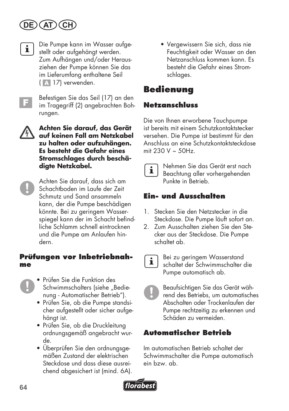 Bedienung, De at ch | Florabest FTP 400 A1 User Manual | Page 64 / 76
