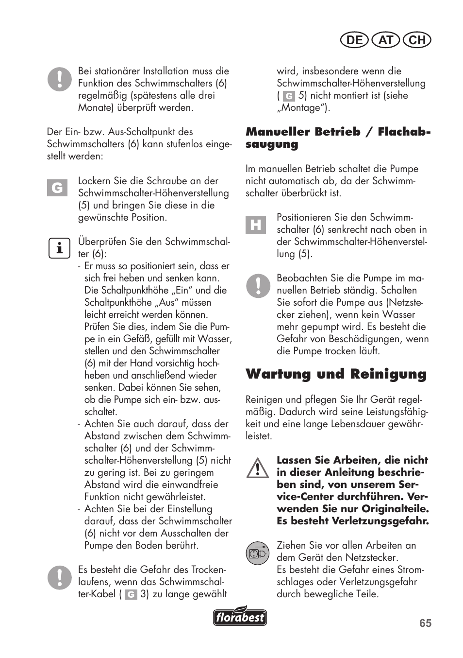 Wartung und reinigung, De at ch | Florabest FTP 400 A1 User Manual | Page 65 / 76
