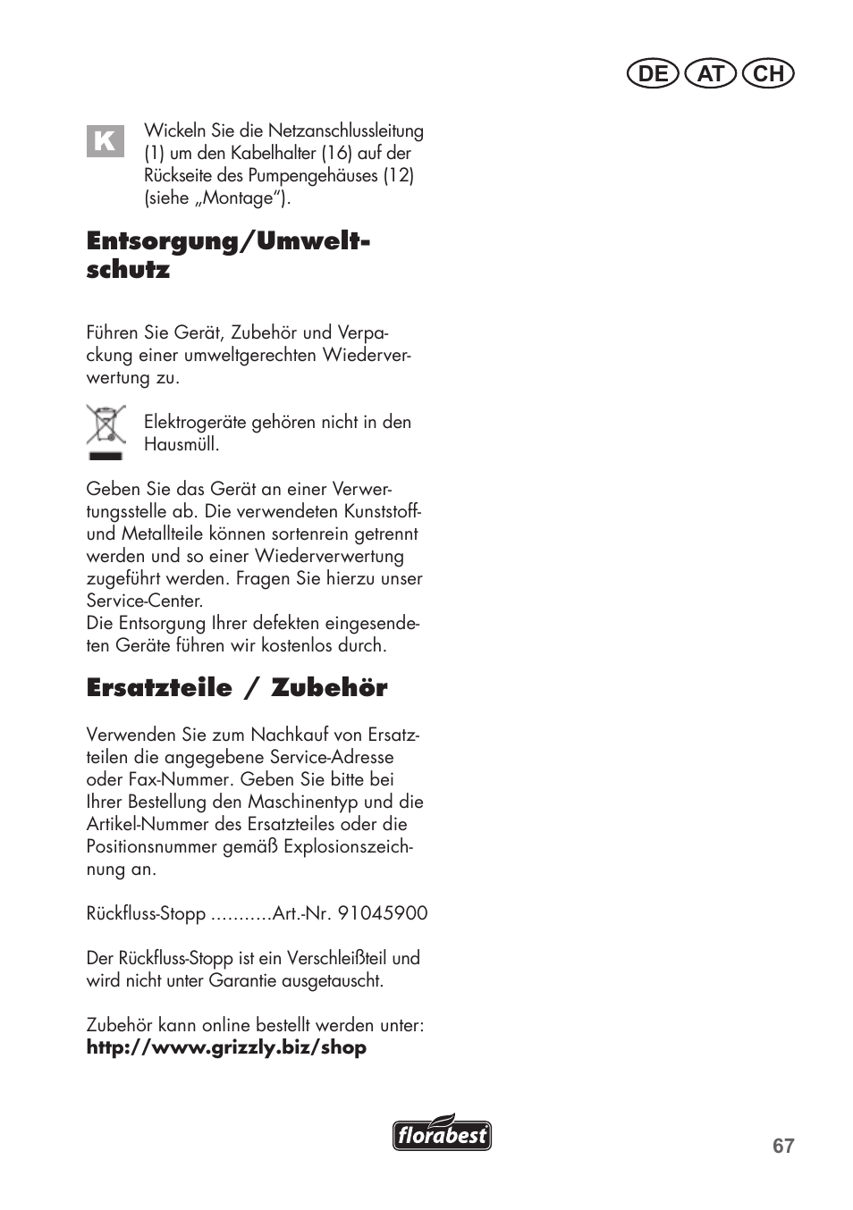 Entsorgung/umwelt- schutz, Ersatzteile / zubehör, De at ch | Florabest FTP 400 A1 User Manual | Page 67 / 76