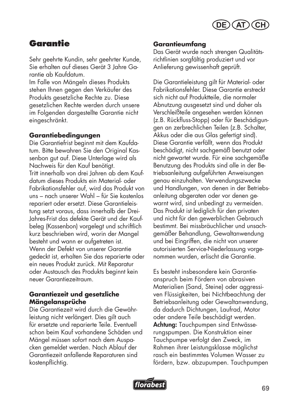 Garantie, De at ch | Florabest FTP 400 A1 User Manual | Page 69 / 76