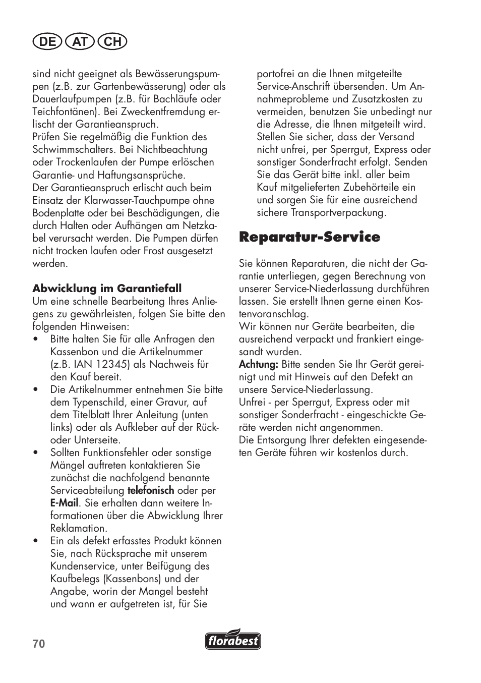 Reparatur-service, De at ch | Florabest FTP 400 A1 User Manual | Page 70 / 76