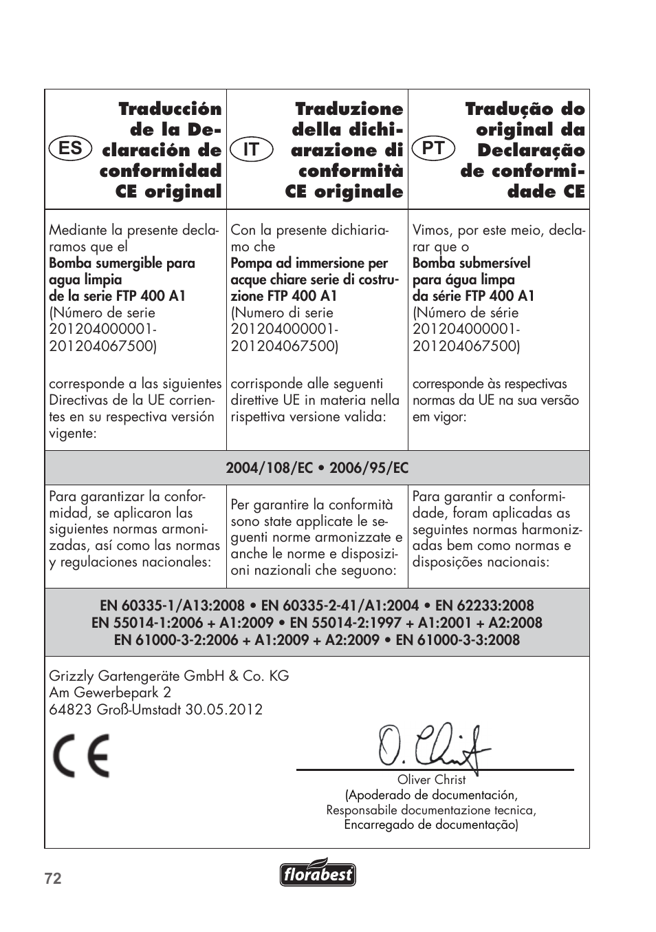 It es pt | Florabest FTP 400 A1 User Manual | Page 72 / 76