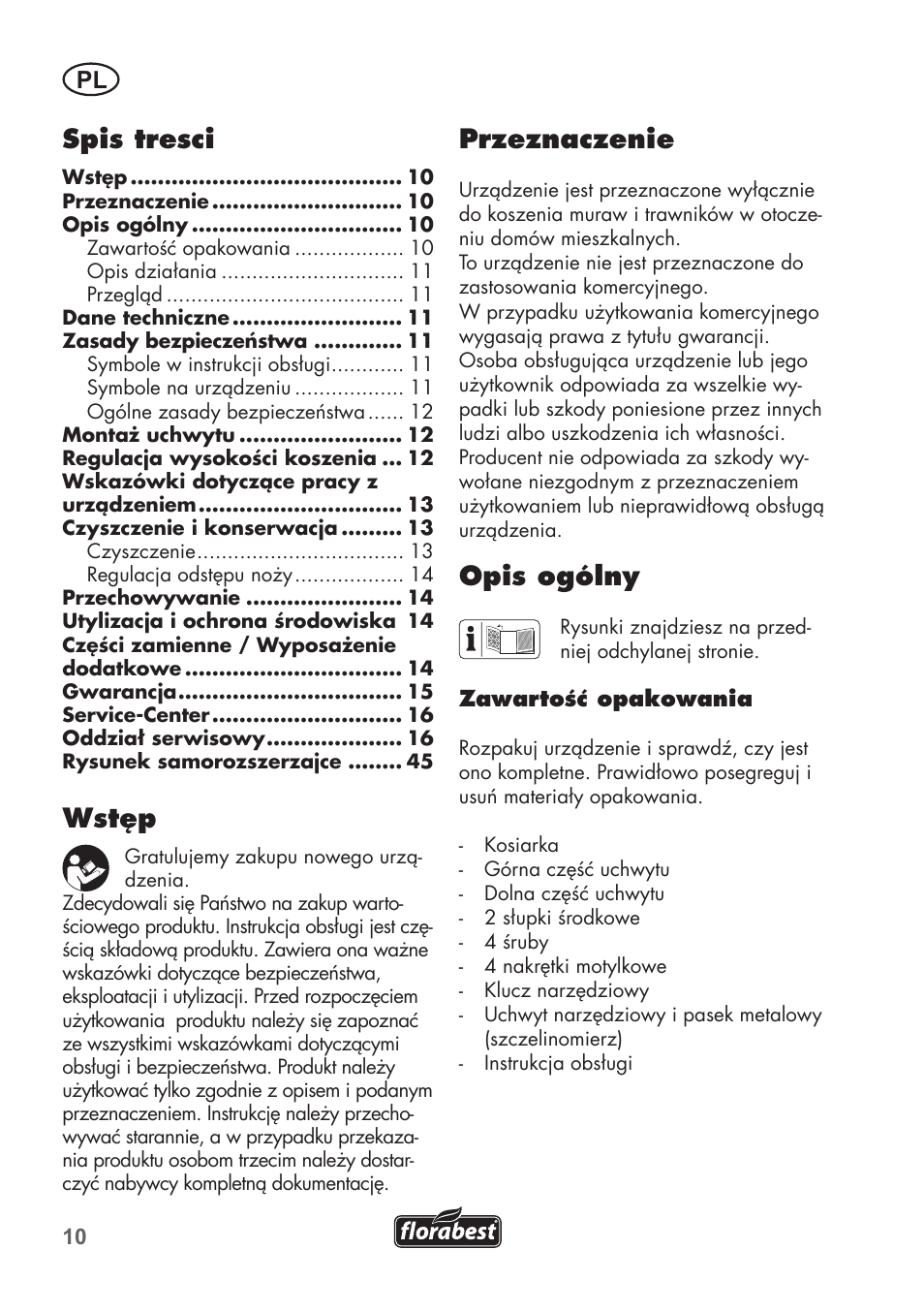 Przeznaczenie, Opis ogólny, Spis tresci | Wstęp | Florabest FHM 38 A1 User Manual | Page 10 / 46