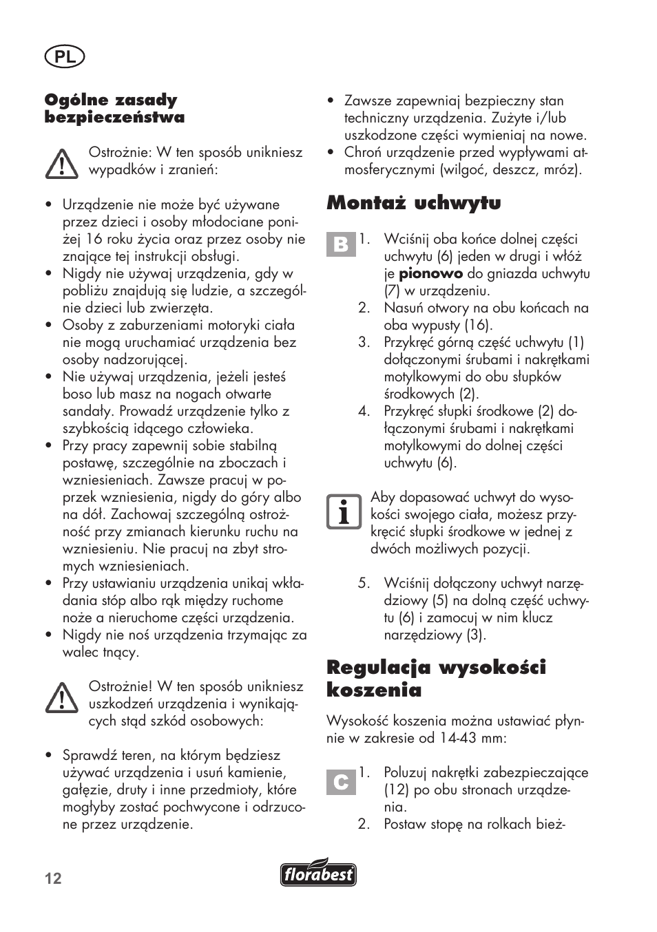 Montaż uchwytu, Regulacja wysokości koszenia | Florabest FHM 38 A1 User Manual | Page 12 / 46