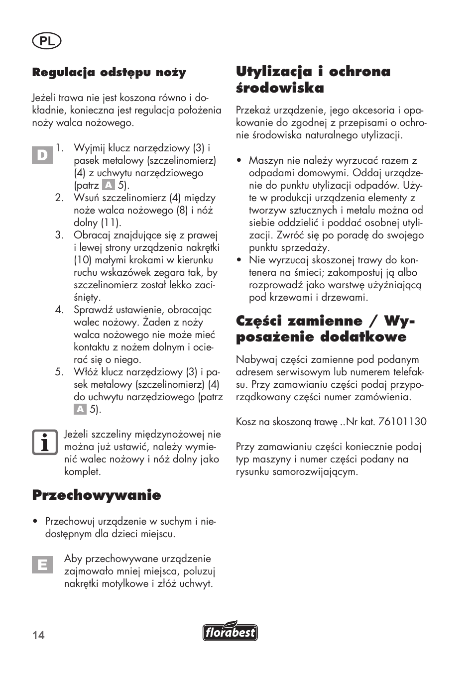 Przechowywanie, Utylizacja i ochrona środowiska, Części zamienne / wy- posażenie dodatkowe | Florabest FHM 38 A1 User Manual | Page 14 / 46